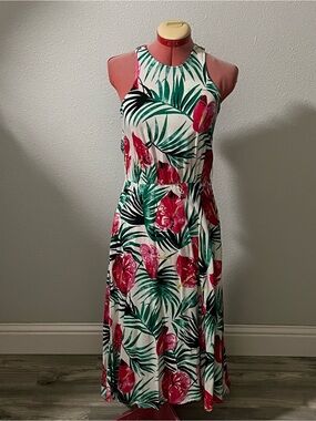 All that Jazz Pink & Green Tropical Print Sleeveless Midi Vintage Dress